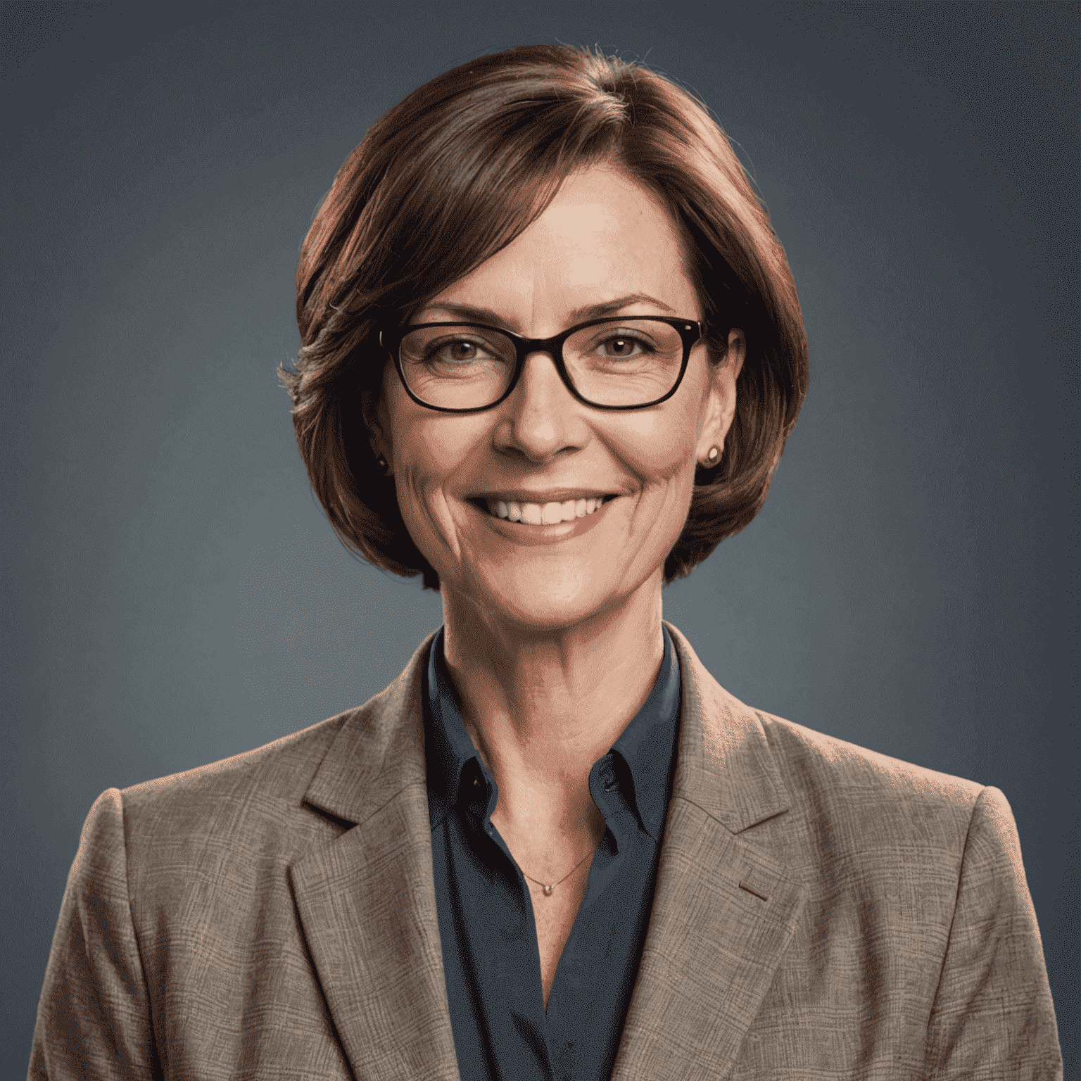 Portrait of Jane Doe, a middle-aged woman with short brown hair and glasses, smiling confidently in a professional blazer