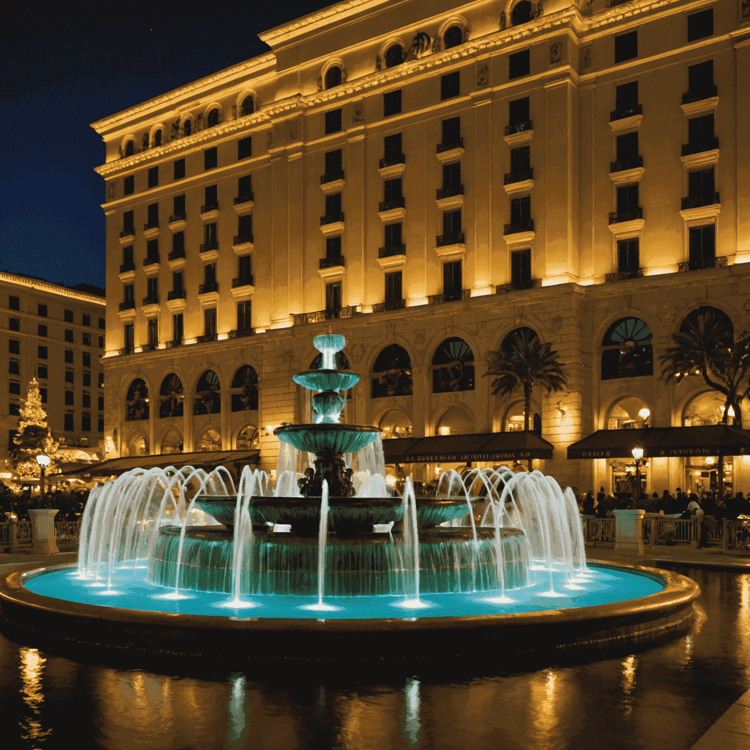 Exterior view of the Bellagio hotel at night, showcasing its famous fountains and elegant Italian-inspired architecture