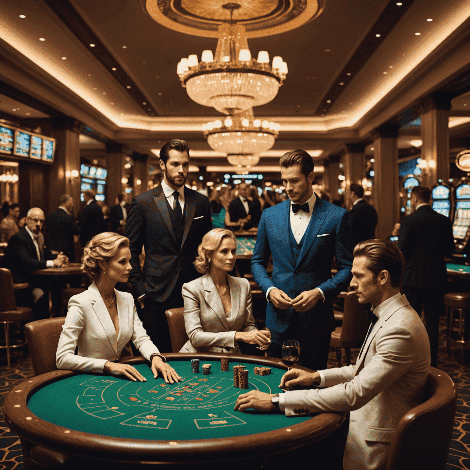 A sophisticated casino interior with elegant patrons at gaming tables, showcasing proper etiquette and dress code
