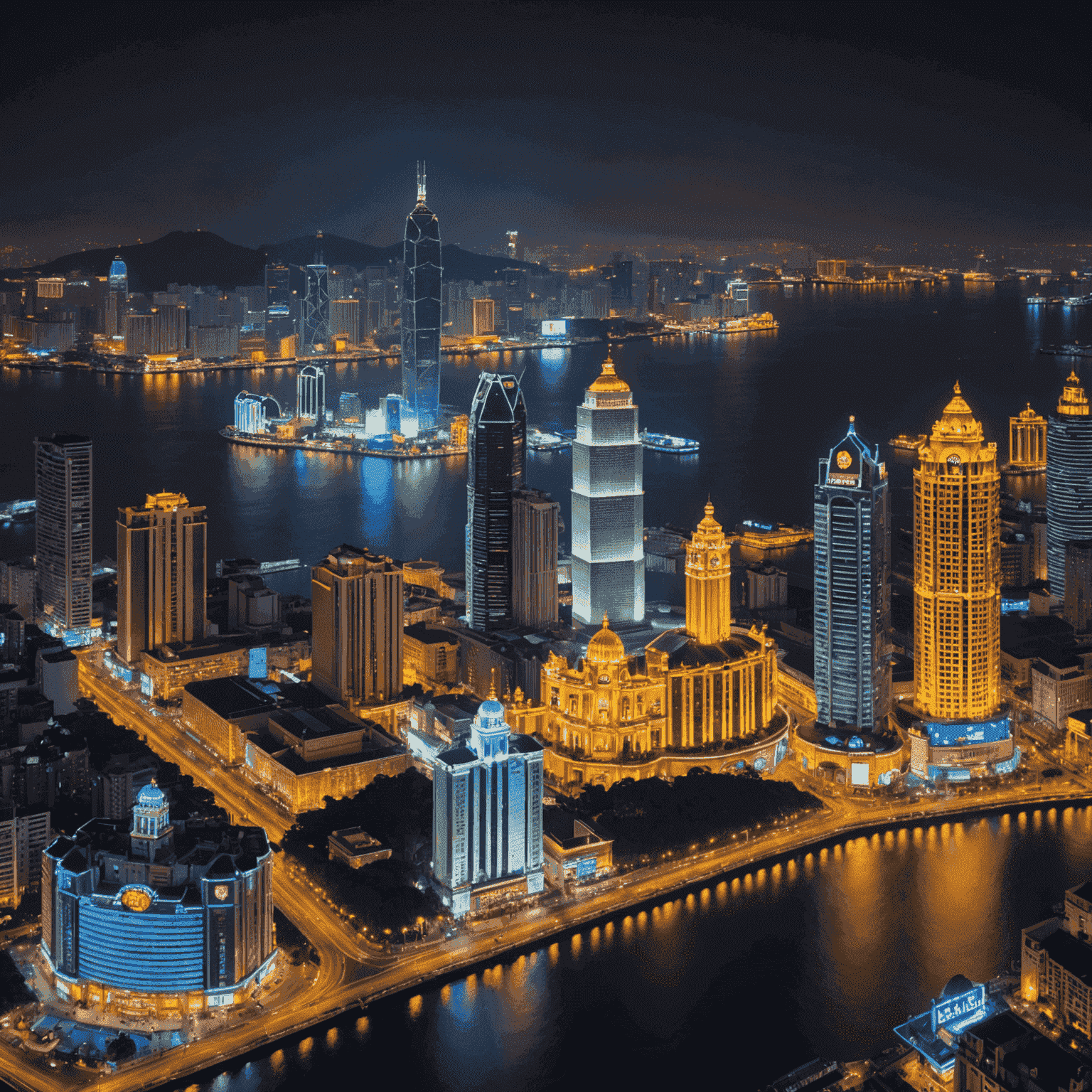 Panoramic view of Macau's skyline at night, showcasing the illuminated casino hotels and their striking architecture