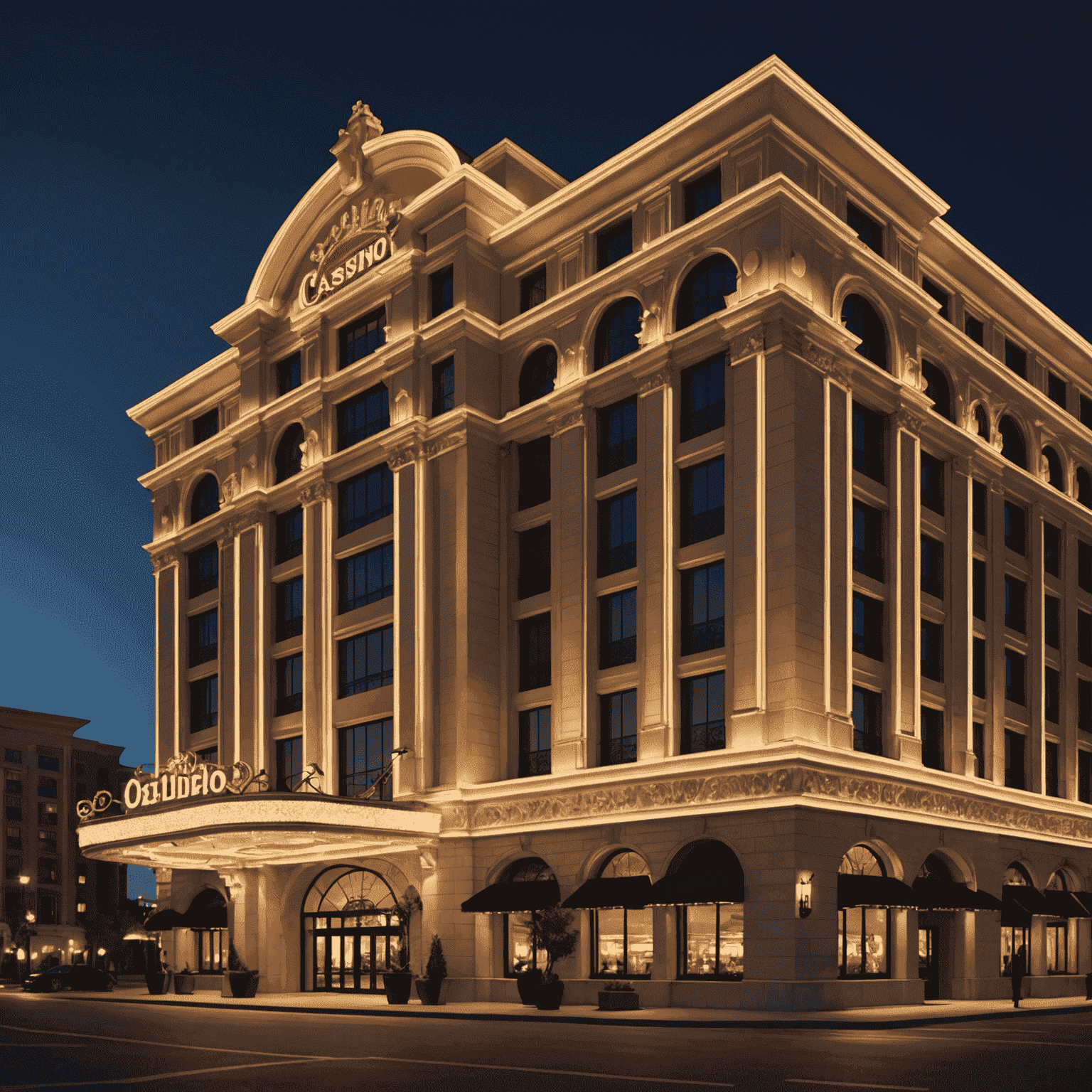 A luxurious casino hotel exterior with bright lights and elegant architecture, showcasing its grandeur and appeal to potential guests