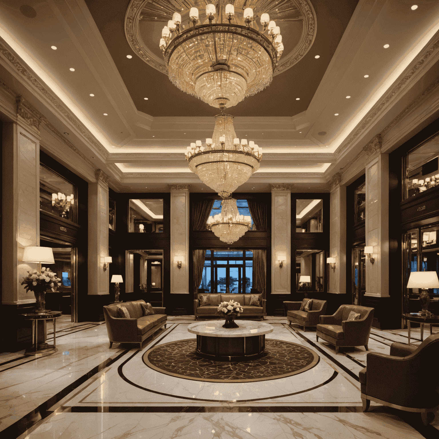 Luxurious casino hotel lobby with elegant decor, featuring a grand chandelier, marble floors, and comfortable seating areas