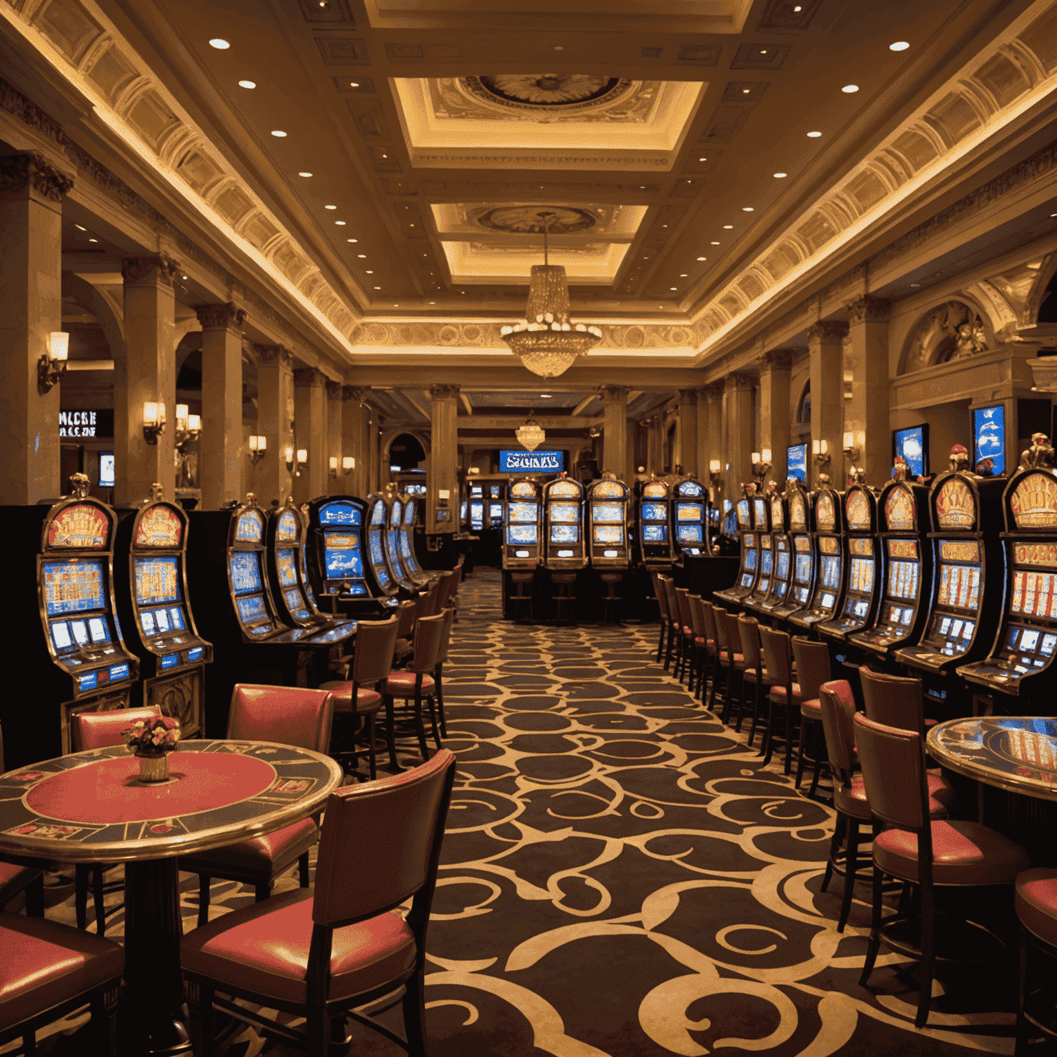 Interior shot of Caesars Palace casino floor, showing Roman-themed decor, gaming tables, and slot machines