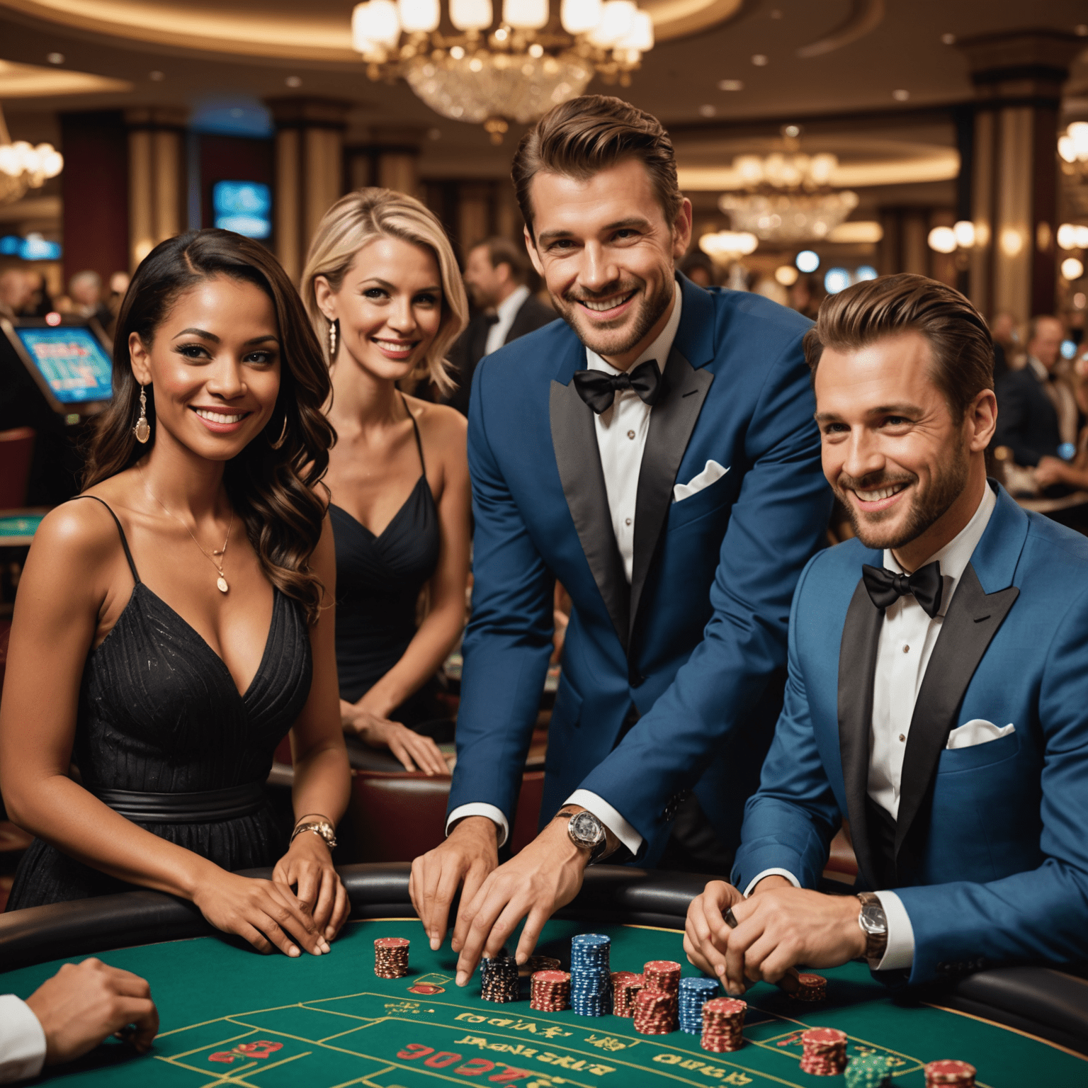 A diverse group of happy casino guests enjoying various games and amenities in a luxurious hotel casino setting