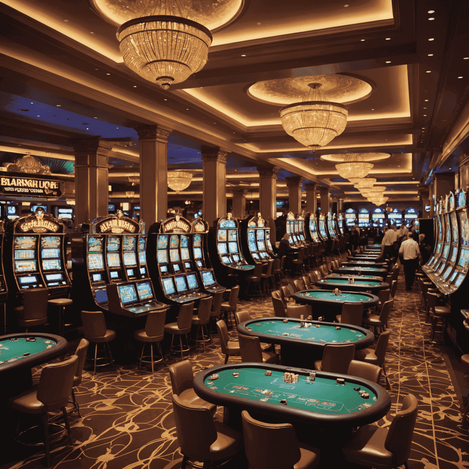 Interior of a bustling casino floor with various gaming tables, slot machines, and excited patrons enjoying their gambling experience