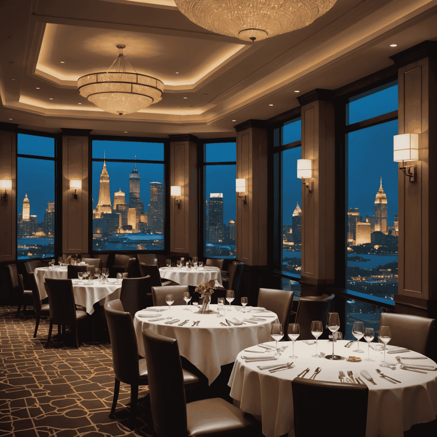 Elegant restaurant interior in a casino hotel, featuring mood lighting, white tablecloths, and a view of the city skyline