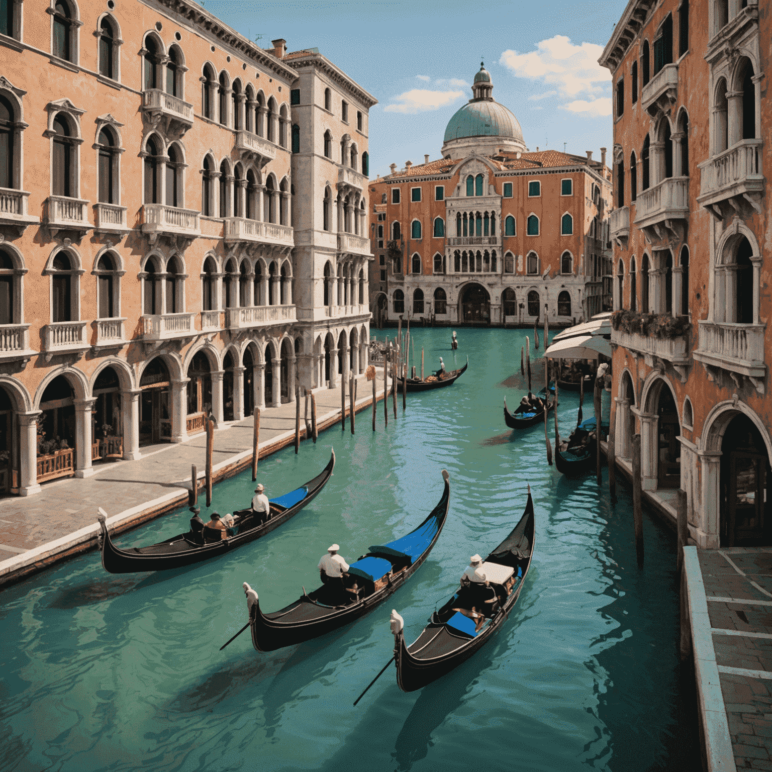 The Venetian's grand canal with gondolas, surrounded by Venetian-style architecture and the casino entrance