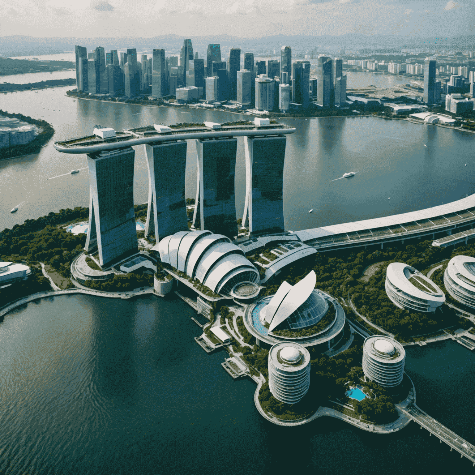 Aerial view of Marina Bay Sands in Singapore, showcasing its iconic three-tower structure and rooftop infinity pool