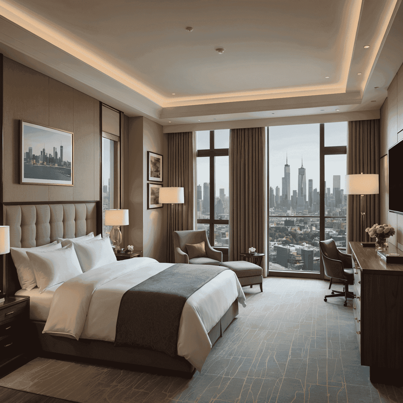 A luxurious hotel room with a king-size bed, elegant furnishings, and a panoramic view of a city skyline or natural landscape