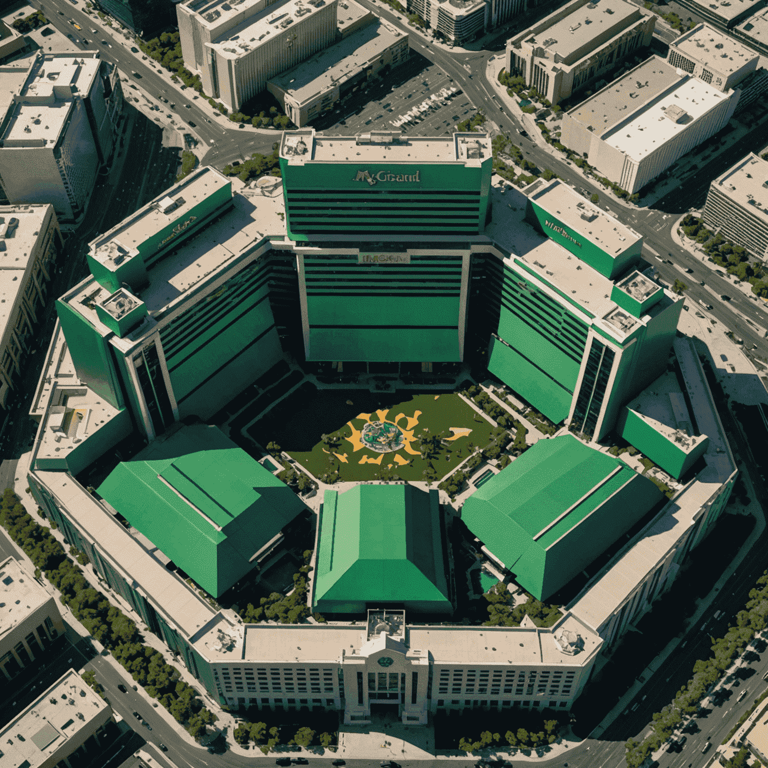 Aerial view of the MGM Grand, showcasing its massive size and iconic green color