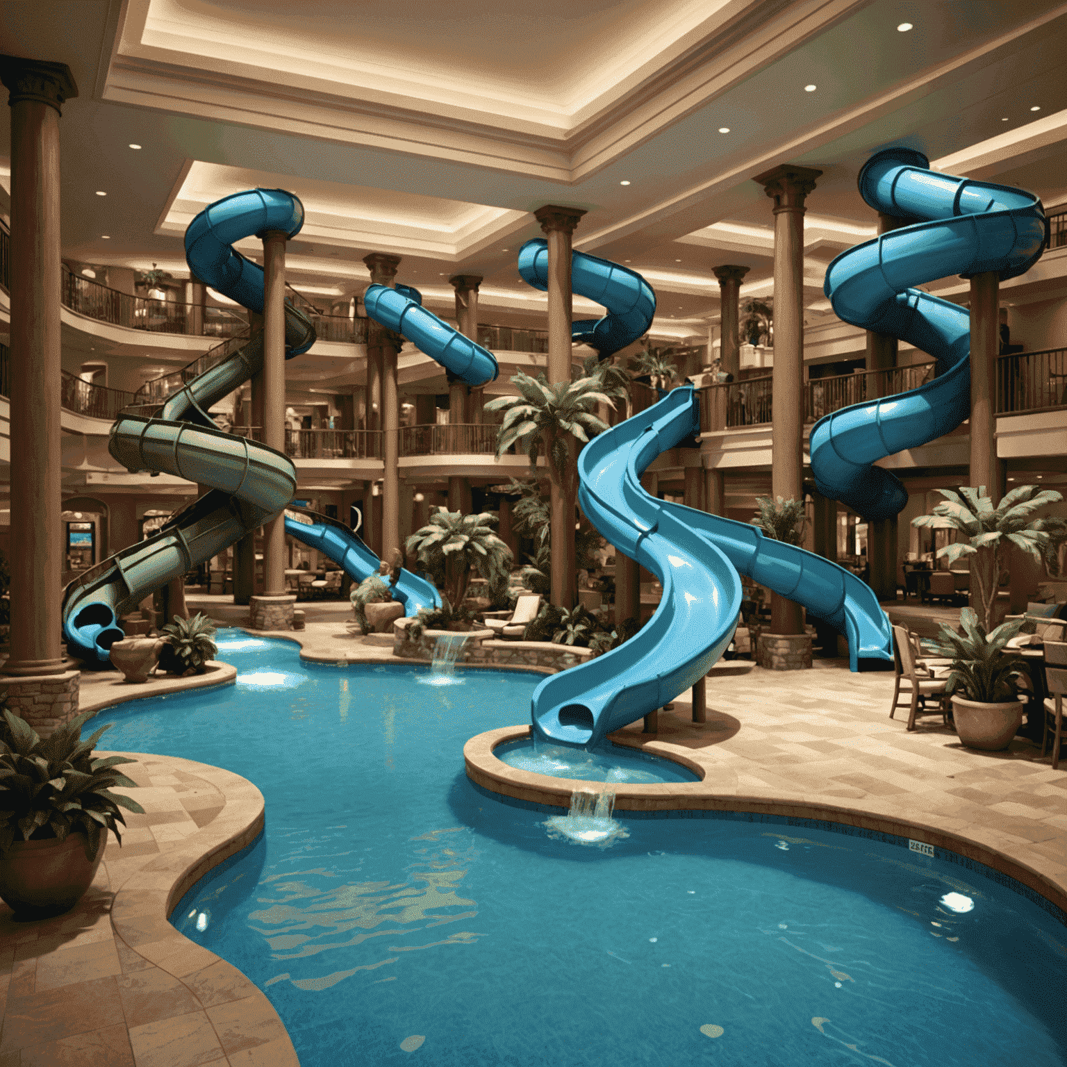 Family-friendly pool area in a casino hotel, featuring water slides, lazy rivers, and lounge areas for parents