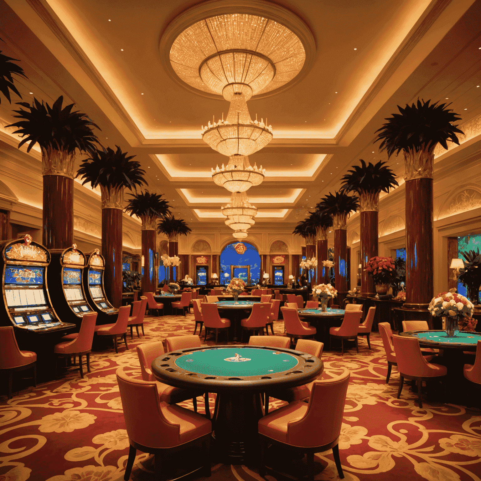 Interior of Wynn Las Vegas casino, highlighting its luxurious decor, floral arrangements, and gaming tables